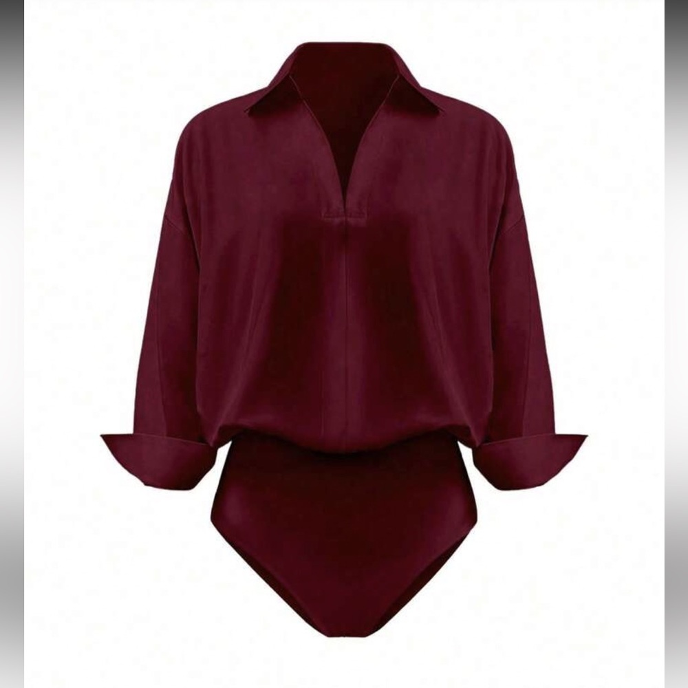 SHEIN Burgundy Long Sleeve V-Neck Buttonless Bodysuit